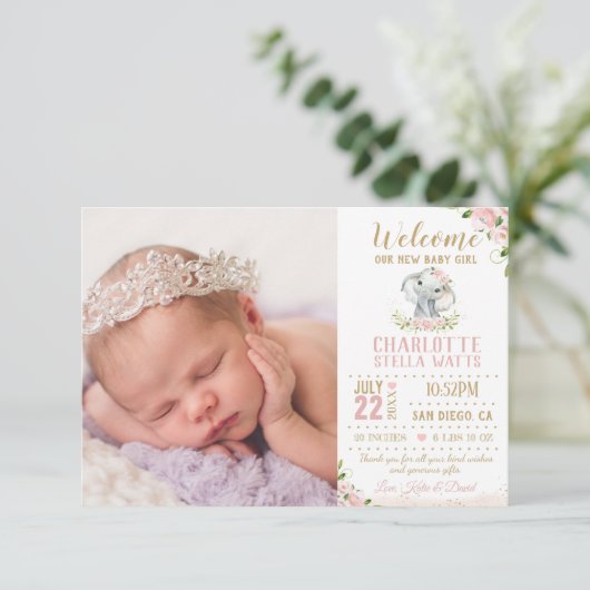 赤面フローラ象新生児ガールフォト誕生 案内状 (スタンド正面)