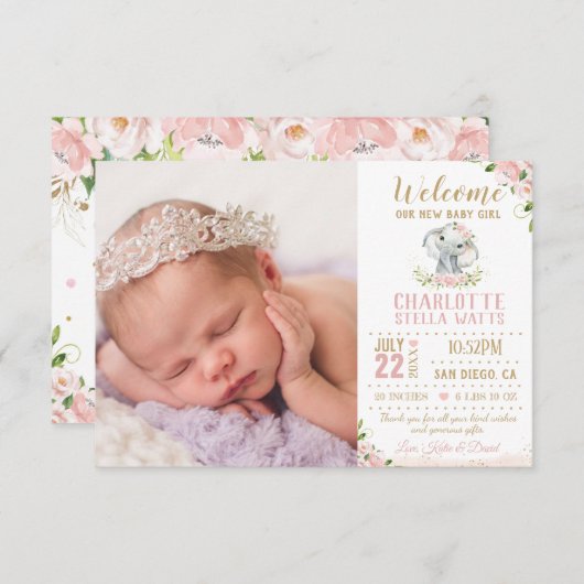 赤面フローラ象新生児ガールフォト誕生 案内状 (正面/裏面)