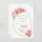 赤面フローラ金ゴールドグリッターフレームウェディングRSVP 出欠カード (正面/裏面)