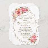 赤面フローラ金ゴールドグリッターフレームベビーシャワー 招待状 (正面/裏面)