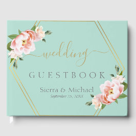 赤面フローラ金ゴールドジオメトリックミントグリーン結婚ズ ゲストブック