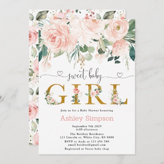 赤面フローラ金ゴールドスイートガールベビーシャワー 招待状 (正面/裏面)
