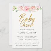 赤面フローラ金ゴールドスクリプトベビーシャワー招待状 招待状 (正面)