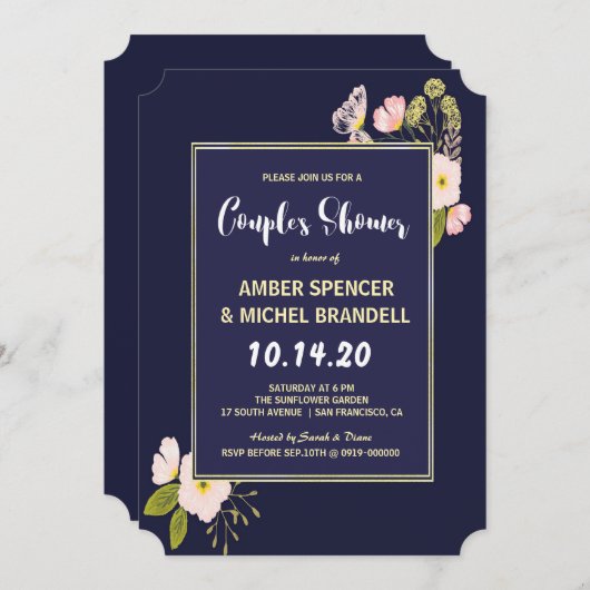 赤面フローラ金ゴールドフレームネイビーブルーカップルのシャワー 招待状 (正面/裏面)