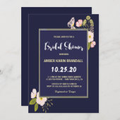 赤面フローラ金ゴールドフレームネービーブルーブライダルシャワー 招待状 (正面/裏面)