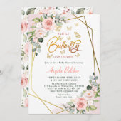 赤面フローラ金ゴールドリトルバタフライベビーシャワー 招待状 (正面/裏面)
