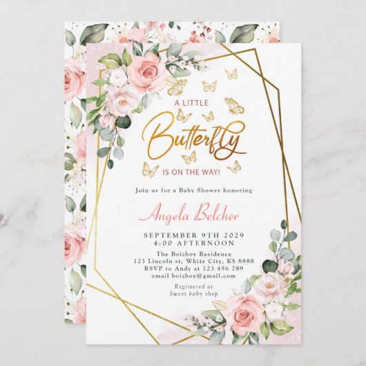 赤面フローラ金ゴールドリトルバタフライベビーシャワー 招待状 (正面/裏面)