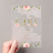 赤面フローラ金ゴールド女の子の赤ちゃんシャワー アクリル招待状 (インサイチュ (ポータブル))