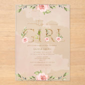 赤面フローラ金ゴールド女の子の赤ちゃんシャワー アクリル招待状 (正面)