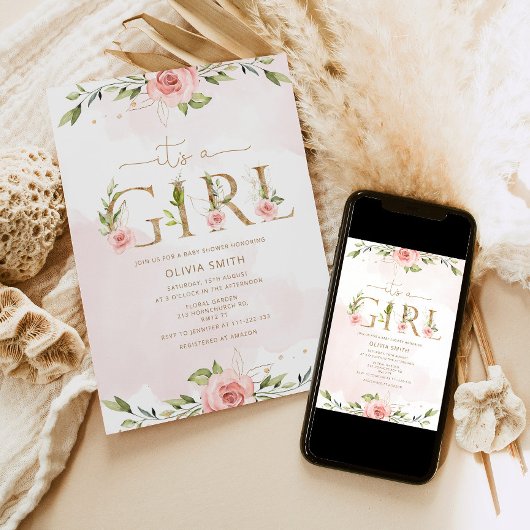 赤面フローラ金ゴールド女の子の赤ちゃんシャワー 招待状