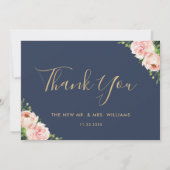 赤面フローラ金ゴールド幾何学海軍結婚写真 サンキューカード (裏面)