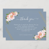赤面フローラ金ゴールド幾何学的ほこり青結婚色 サンキューカード (正面/裏面)