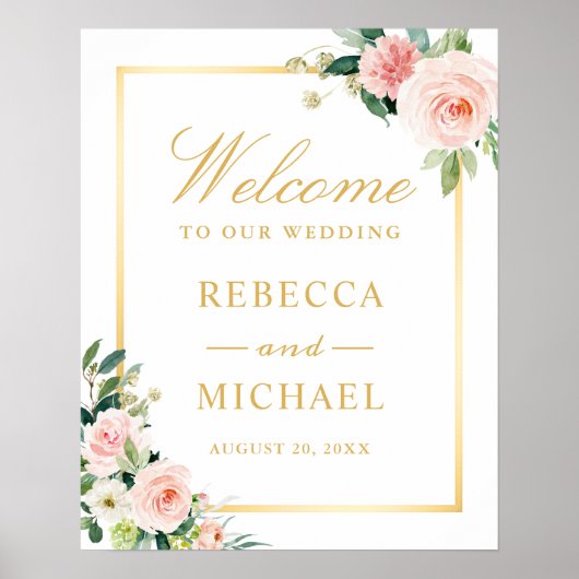 赤面フローラ金ゴールド結婚フレームのウェルカムサイン ポスター (正面)