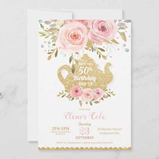 赤面フローラ50誕生日ハイティーパーティー任意の年齢 招待状 (正面)