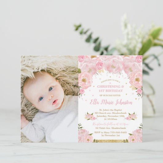 赤面フローラ《キリスト教》洗礼式や命名式第1誕生日パーティー写真 招待状 (スタンド正面)