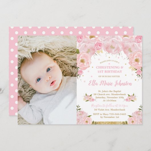 赤面フローラ《キリスト教》洗礼式や命名式第1誕生日パーティー写真 招待状 (正面/裏面)