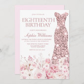 赤面フローラ&バラ金ゴールドドレス18thバースデーパーティー 招待状 (正面/裏面)