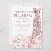 赤面フローラ&バラ金ゴールドドレス21st誕生日パーティー 招待状 (正面)