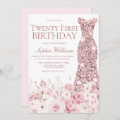 赤面フローラ&バラ金ゴールドドレス21st誕生日パーティー 招待状 (正面/裏面)