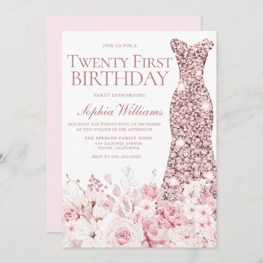 赤面フローラ&バラ金ゴールドドレス21st誕生日パーティー 招待状 (正面/裏面)