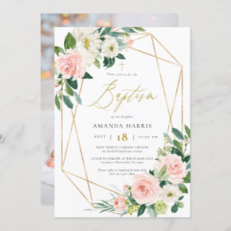 赤面フローラ&金ゴールドフレームフォトバプテスマ招待状 招待状
