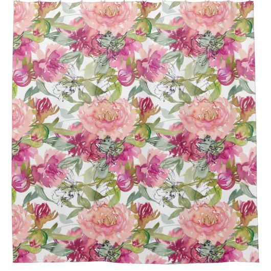 赤面ブライトピンクフローラセージ緑葉の白 シャワーカーテン (正面)