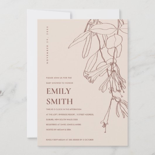 赤面ブラウンラインスケッチフローラベビーシャワーカード サンキューカード (正面)