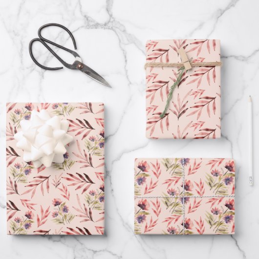 赤面ブラックパープルワイルドフラワーウォーターカラーアート ラッピングペーパーシート (正面)