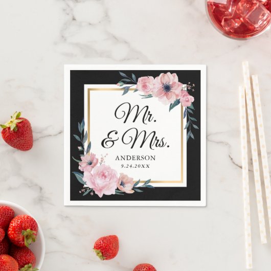 赤面ブラック金ゴールドフローラミスター結婚ズ スタンダードカクテルナプキン (インサイチュ)