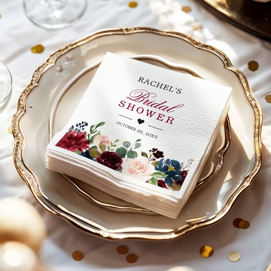 赤面ブルガンディブルーフローラシックブライダルシャワー スタンダードカクテルナプキン