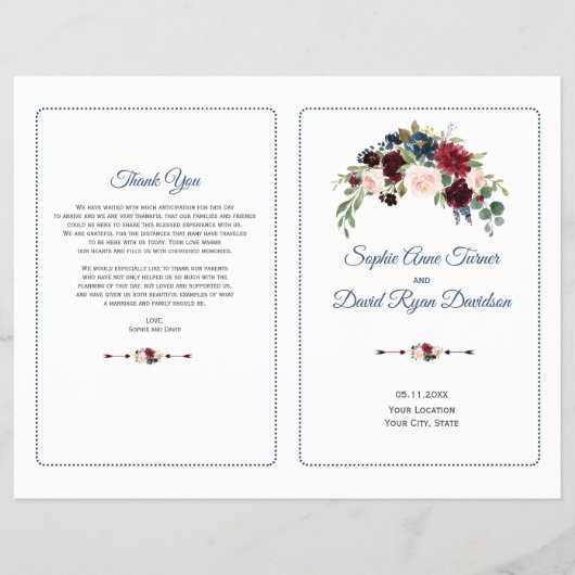 赤面ブルガンディマルサラフローラ結婚式 プログラム チラシ (正面)