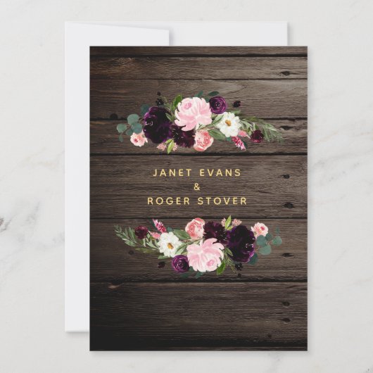 赤面ブルグンディ素朴金ゴールド書結婚の 招待状 (裏面)