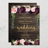 赤面ブルグンディ素朴金ゴールド書結婚の 招待状 (正面/裏面)