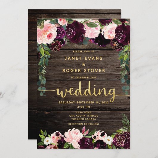 赤面ブルグンディ素朴金ゴールド書結婚の 招待状 (正面/裏面)