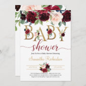 赤面ブルゴーニュとネイビーフローラボホベイビーシャワー 招待状 (正面/裏面)