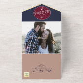 赤面ブルゴーニュとネイビー結婚ブルー オールインワン招待状 (外側)