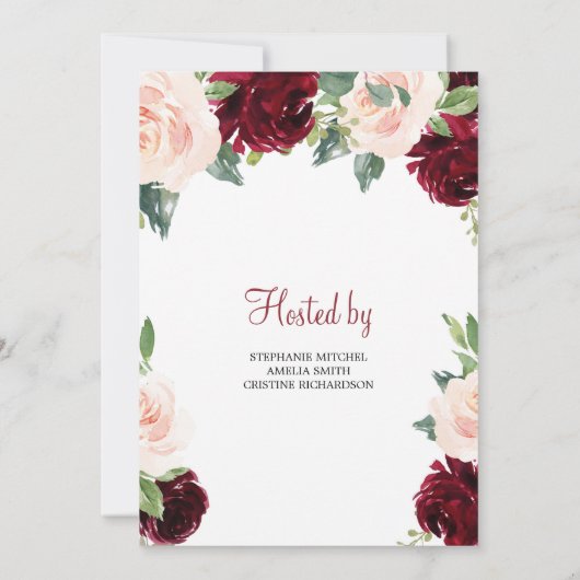 赤面ブルゴーニュとピンクのフローラボホベイビーシャワー 招待状 (裏面)