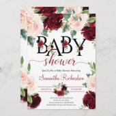 赤面ブルゴーニュとピンクのフローラボホベイビーシャワー 招待状 (正面/裏面)