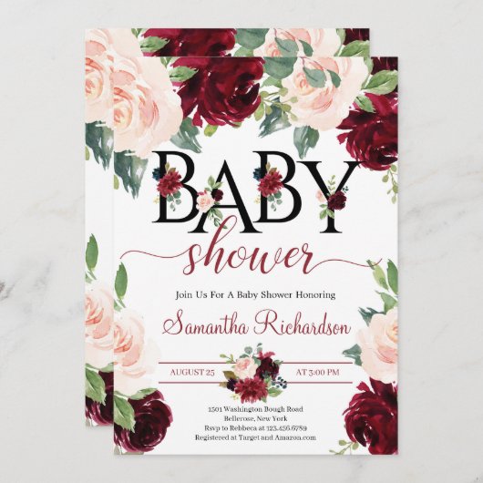 赤面ブルゴーニュとピンクのフローラボホベイビーシャワー 招待状 (正面/裏面)