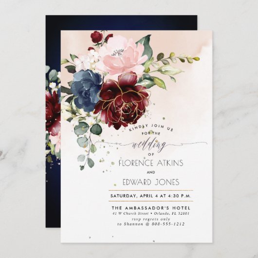 赤面ブルゴーニュネービーウォーターカラーバラ 招待状 (正面/裏面)