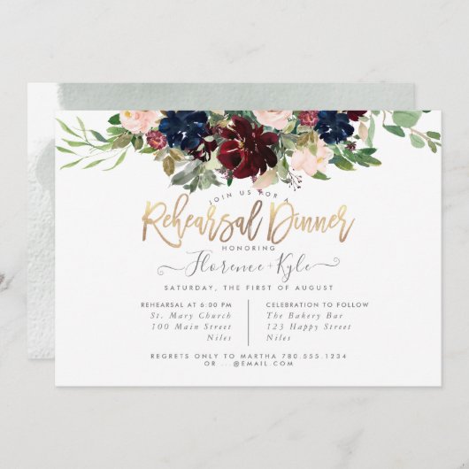 赤面ブルゴーニュネービーリハーサルディナー招待状 招待状 (正面/裏面)