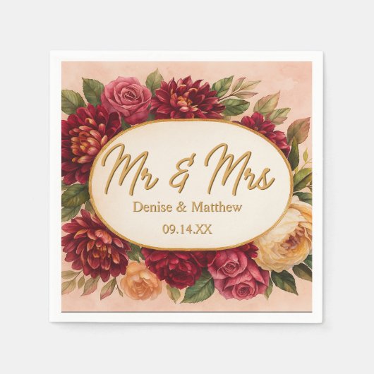 赤面ブルゴーニュフローラウォーター結婚カラー スタンダードカクテルナプキン (正面)