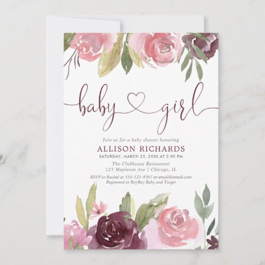 赤面ブルゴーニュフローラウォーター色の女の子ベビースシャワー 招待状 (正面)