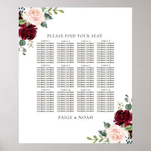 赤面ブルゴーニュフローラテーブルのシーティングチャー結婚ト ポスター (正面)