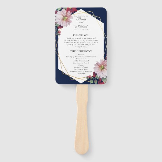 赤面ブルゴーニュフローラネイビー金ゴールド結婚式 プログラム ハンドファン (正面)