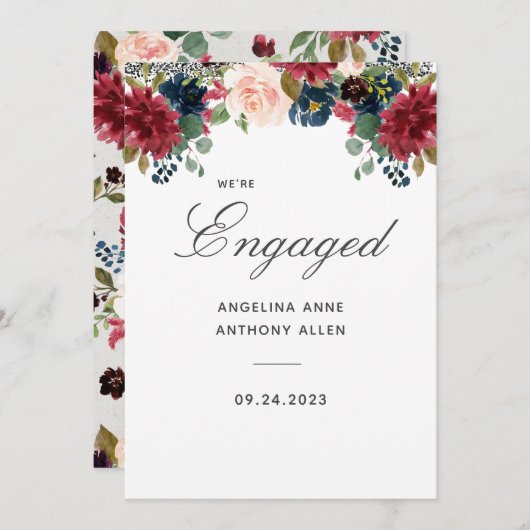 赤面ブルゴーニュフローラバラ金ゴールドアクセント婚約 招待状 (正面/裏面)