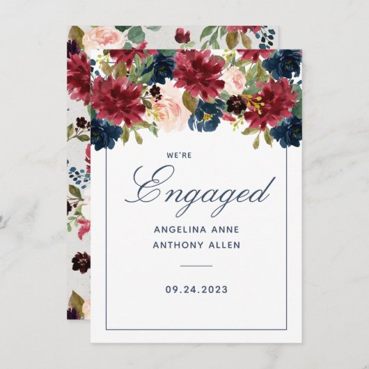 赤面ブルゴーニュフローラバラ金ゴールドアクセント婚約 招待状 (正面/裏面)