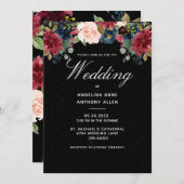 赤面ブルゴーニュフローラバラ金ゴールドアクセント結婚ズ 招待状 (正面/裏面)