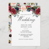 赤面ブルゴーニュフローラバラ金ゴールド結婚のアクセント 招待状 (正面/裏面)