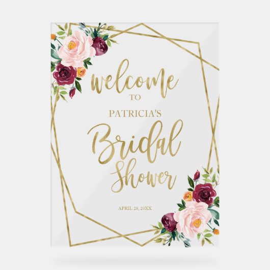 赤面ブルゴーニュフローラブライダルシャワー歓迎 アクリルサイン (正面)